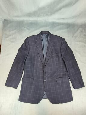 Tom James Plaid Businesscore Navy Blue 100% Wool Blazer Spor Coat Mens 44L